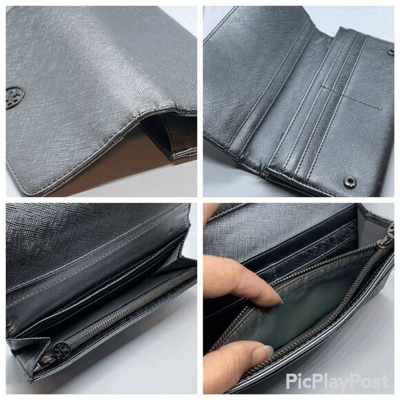 **TORN/FLAWS** Authentic Dark Silver Metallic Tory Burch Long Wallet - Picture 4 of 13